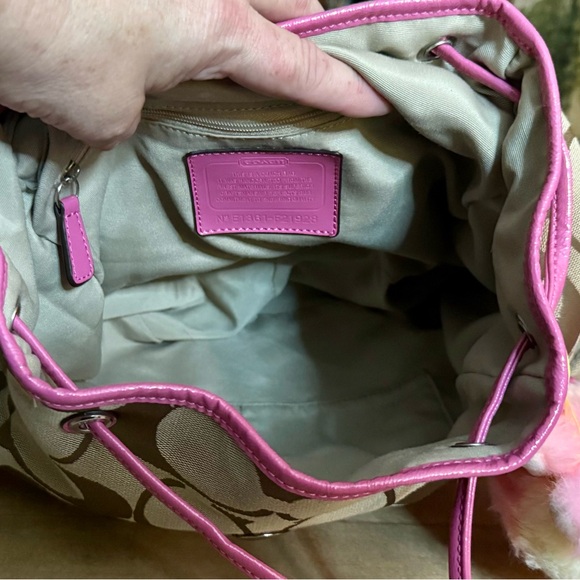 Coach Tan & Pink Striped Signature Canvas Backpack with FREE LABUBU GIFT main image 7